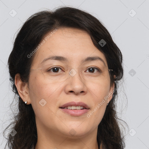 Joyful white adult female with medium  brown hair and brown eyes