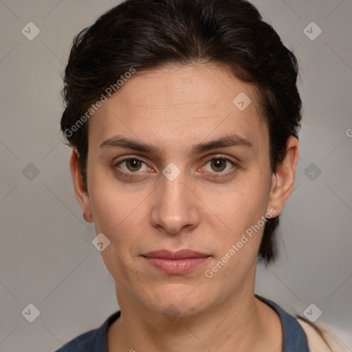 Neutral white young-adult female with short  brown hair and brown eyes