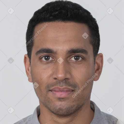 Neutral latino young-adult male with short  black hair and brown eyes