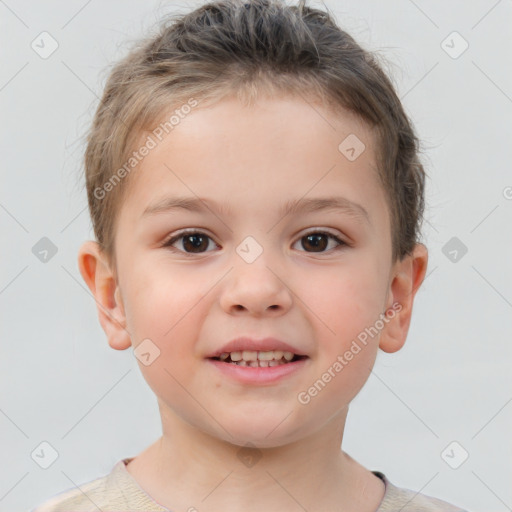 Joyful white child male with short  brown hair and brown eyes