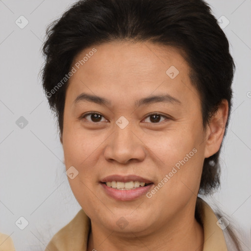 Joyful white adult female with medium  brown hair and brown eyes