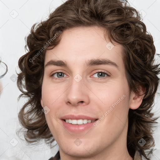 Joyful white young-adult female with medium  brown hair and green eyes