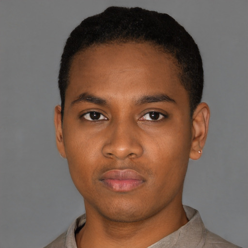 Neutral black young-adult male with short  black hair and brown eyes