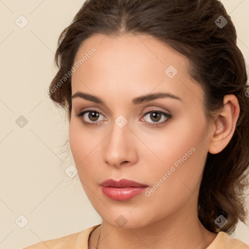 Neutral white young-adult female with medium  brown hair and brown eyes