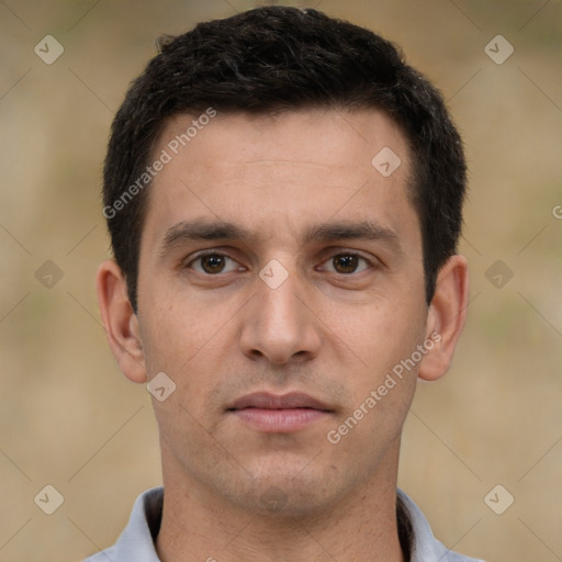 Neutral white young-adult male with short  brown hair and brown eyes