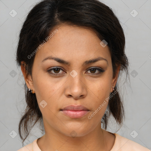 Neutral asian young-adult female with medium  brown hair and brown eyes