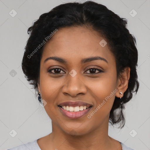 Joyful latino young-adult female with medium  black hair and brown eyes