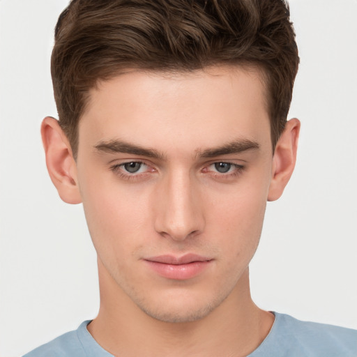 Neutral white young-adult male with short  brown hair and brown eyes