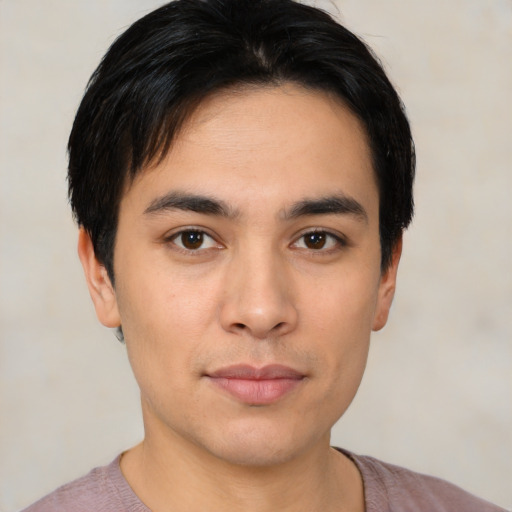 Neutral asian young-adult male with short  black hair and brown eyes