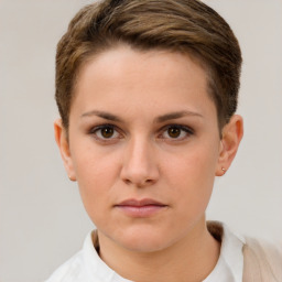 Neutral white young-adult female with short  brown hair and brown eyes