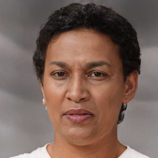 Neutral latino adult female with short  brown hair and brown eyes
