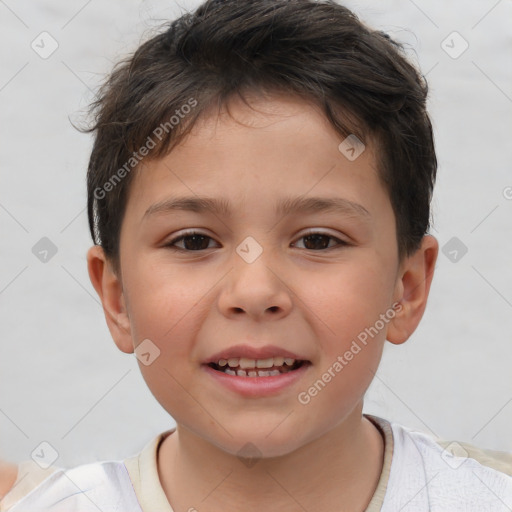 Joyful white child male with short  brown hair and brown eyes