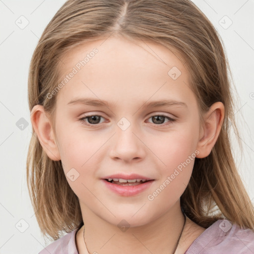 Joyful white child female with medium  brown hair and brown eyes