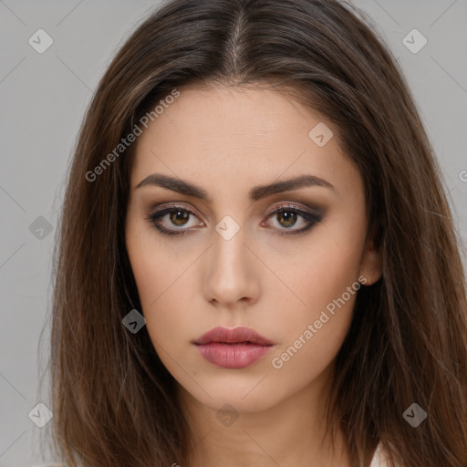 Neutral white young-adult female with long  brown hair and brown eyes