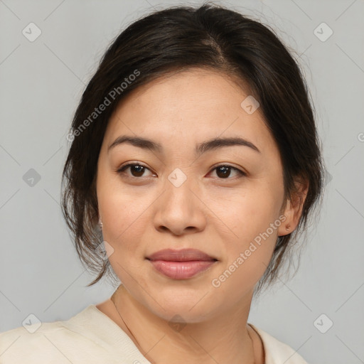 Joyful asian young-adult female with medium  brown hair and brown eyes