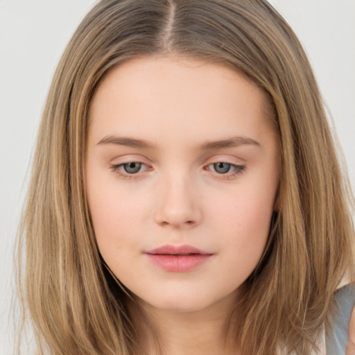 Neutral white child female with long  brown hair and brown eyes