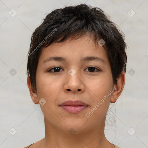 Neutral white young-adult female with short  brown hair and brown eyes