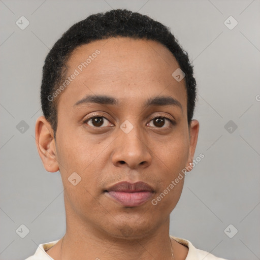 Neutral latino young-adult male with short  brown hair and brown eyes