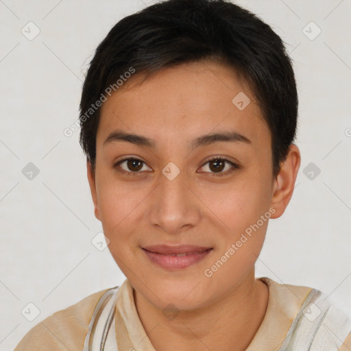 Joyful asian young-adult female with short  brown hair and brown eyes