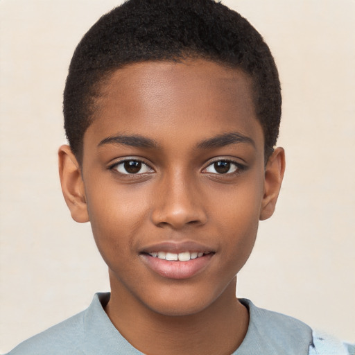 Joyful black child female with short  brown hair and brown eyes