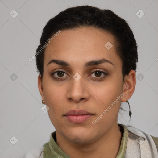 Neutral latino young-adult female with short  black hair and brown eyes