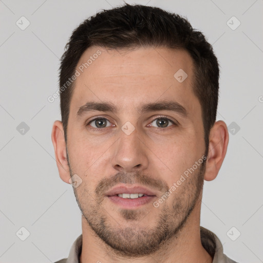 Neutral white young-adult male with short  brown hair and brown eyes