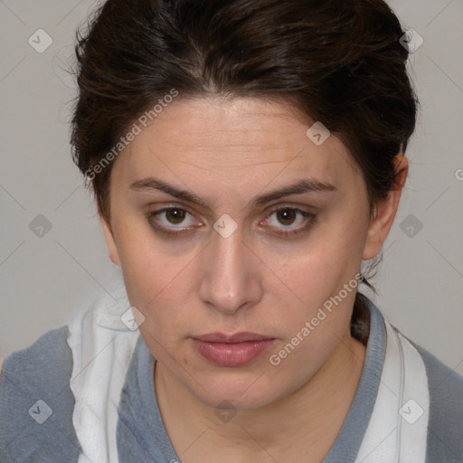 Neutral white young-adult female with medium  brown hair and brown eyes