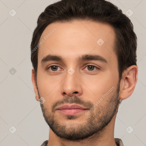 Neutral white young-adult male with short  brown hair and brown eyes