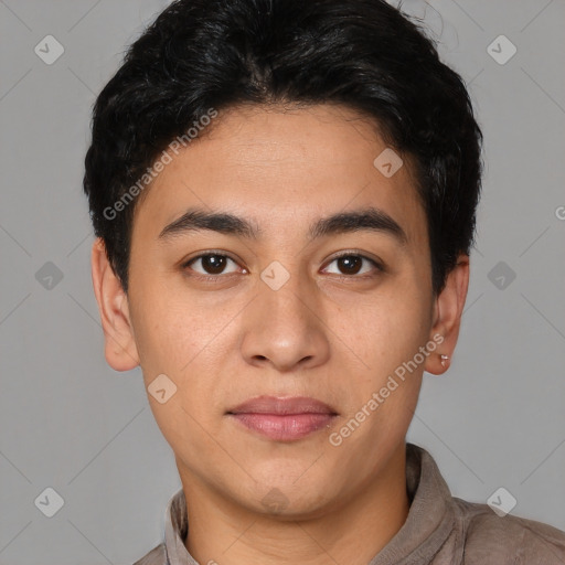Neutral latino young-adult male with short  black hair and brown eyes