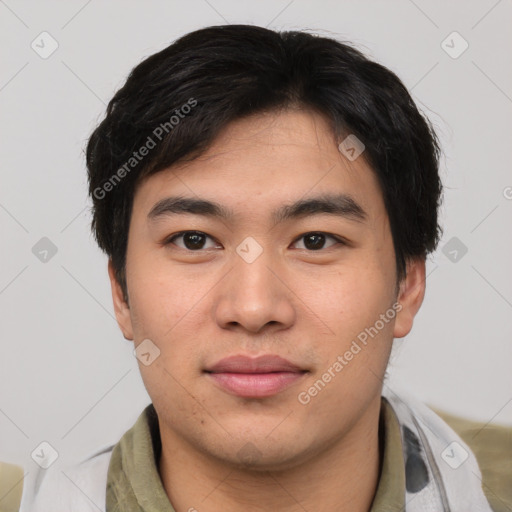 Neutral asian young-adult male with short  brown hair and brown eyes