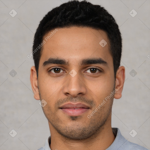 Neutral latino young-adult male with short  black hair and brown eyes