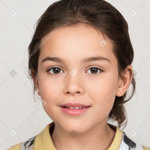 Joyful white child female with medium  brown hair and brown eyes