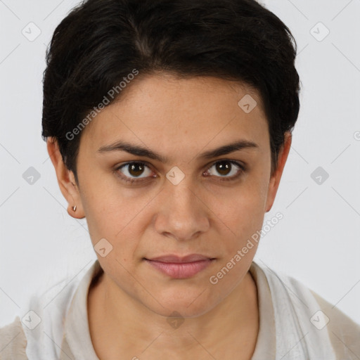 Joyful white young-adult female with short  brown hair and brown eyes