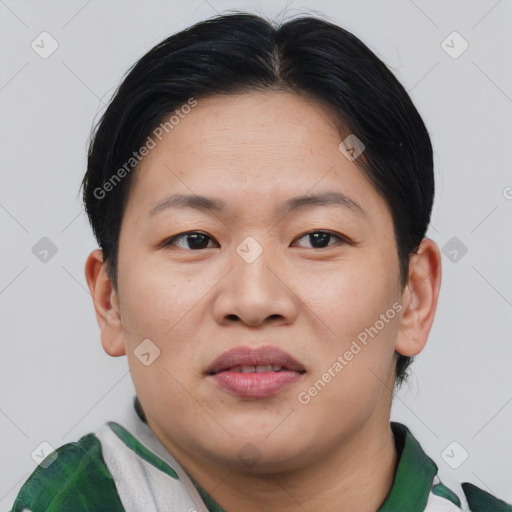 Joyful asian young-adult female with short  brown hair and brown eyes
