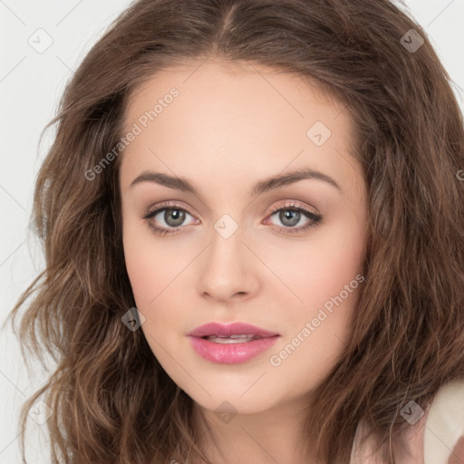 Neutral white young-adult female with long  brown hair and brown eyes