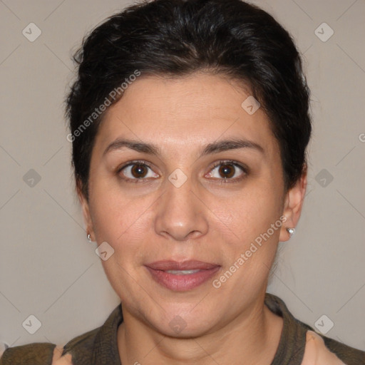 Joyful white adult female with medium  brown hair and brown eyes