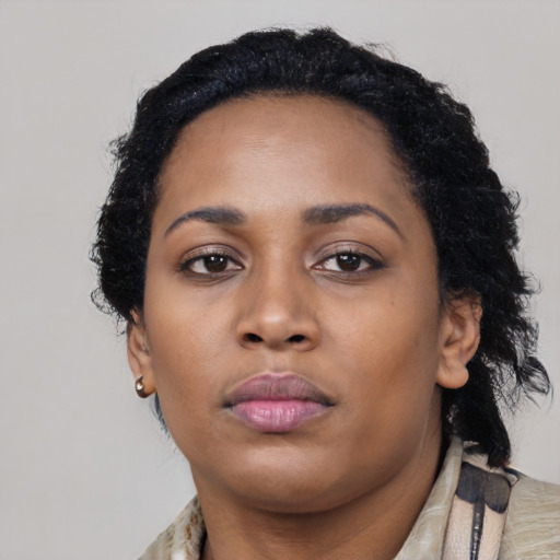Neutral black young-adult female with medium  black hair and brown eyes