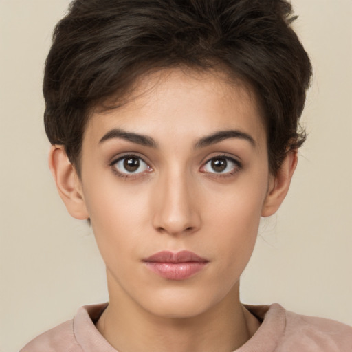 Neutral white young-adult female with short  brown hair and brown eyes