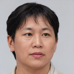 Neutral asian adult female with short  brown hair and brown eyes