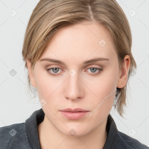 Neutral white young-adult female with medium  brown hair and grey eyes