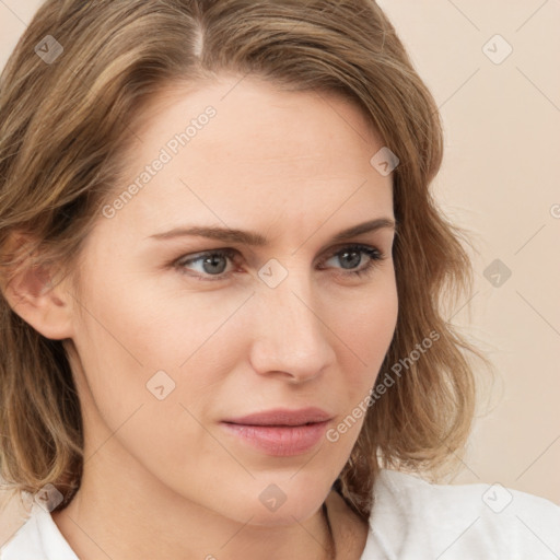 Neutral white young-adult female with medium  brown hair and brown eyes