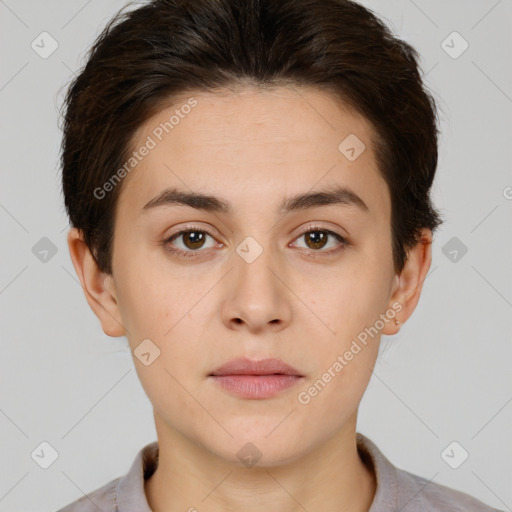 Neutral white young-adult female with short  brown hair and brown eyes