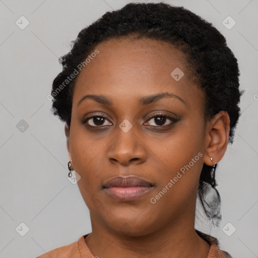 Neutral black young-adult female with short  black hair and brown eyes