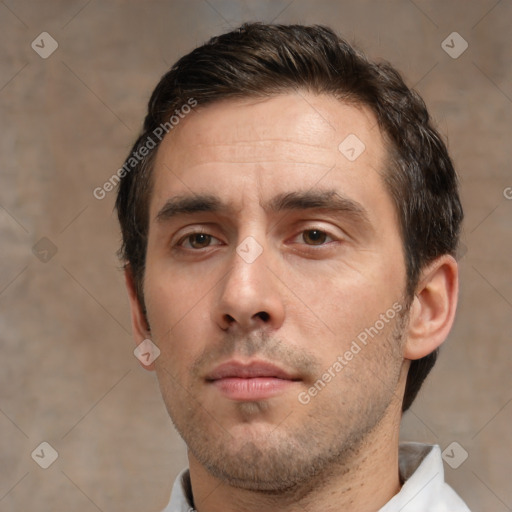 Neutral white young-adult male with short  brown hair and brown eyes