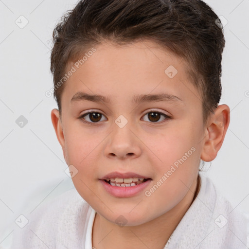 Joyful white child female with short  brown hair and brown eyes