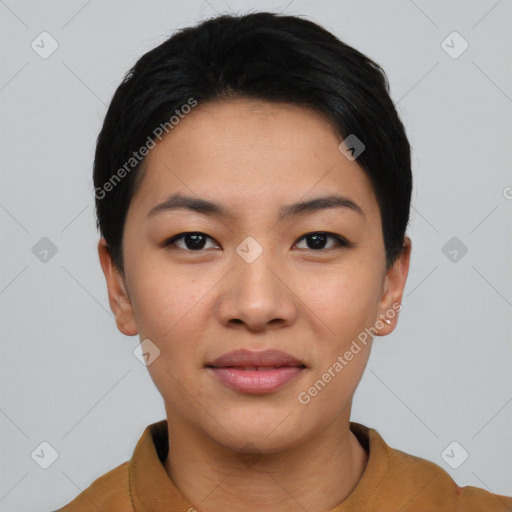 Joyful asian young-adult female with short  black hair and brown eyes