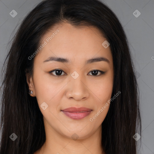 Joyful asian young-adult female with long  brown hair and brown eyes