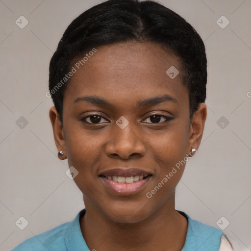 Joyful black young-adult female with short  black hair and brown eyes