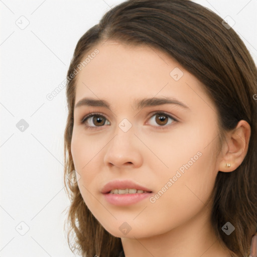 Neutral white young-adult female with long  brown hair and brown eyes