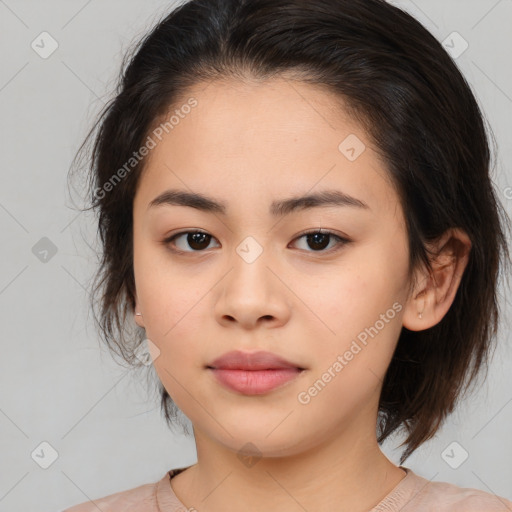 Neutral asian young-adult female with medium  brown hair and brown eyes